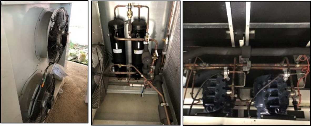 pictures of the major components installed in the system (Receivers, Condenser fan, Compressors). 